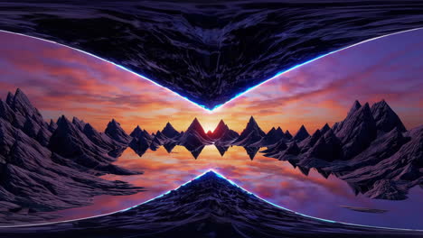 abstract mirrored landscape with glowing horizon at sunset