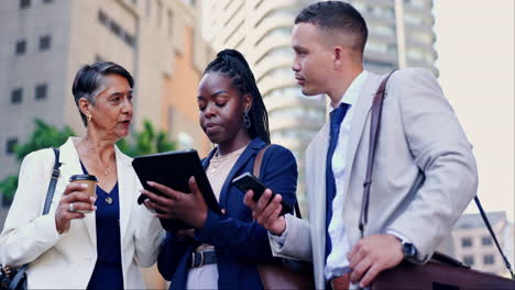 business people discussing on tablet