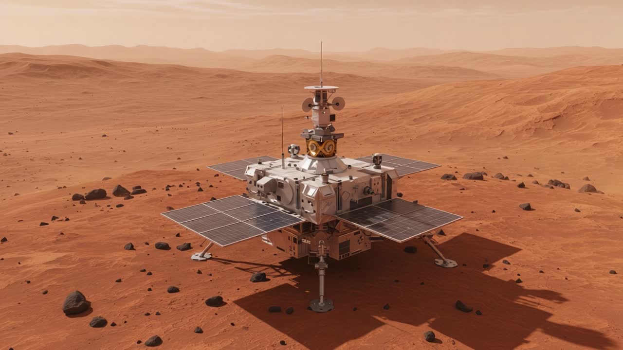 Udforskning af Mars' overflade: Et robotrumfartøj fanget på den røde planets barske landskab med solpaneler og videnskabelige instrumenter til dybdegående forskning.