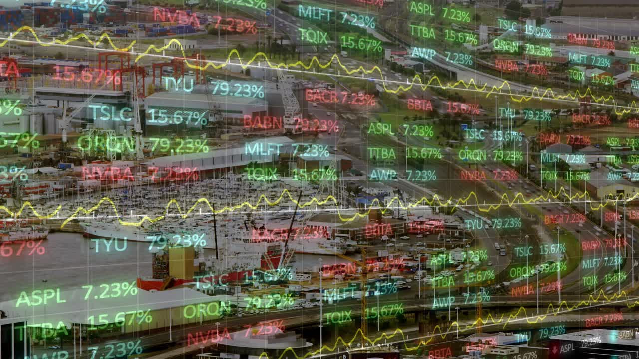 Animation der Finanzdatenverarbeitung über Stadtlandschaft