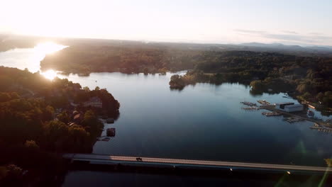 Aerial-Pullout-of-Lake-Hickory-NC-near-Hickory-NC,-Hickory-North-Carolina-at-Sunset