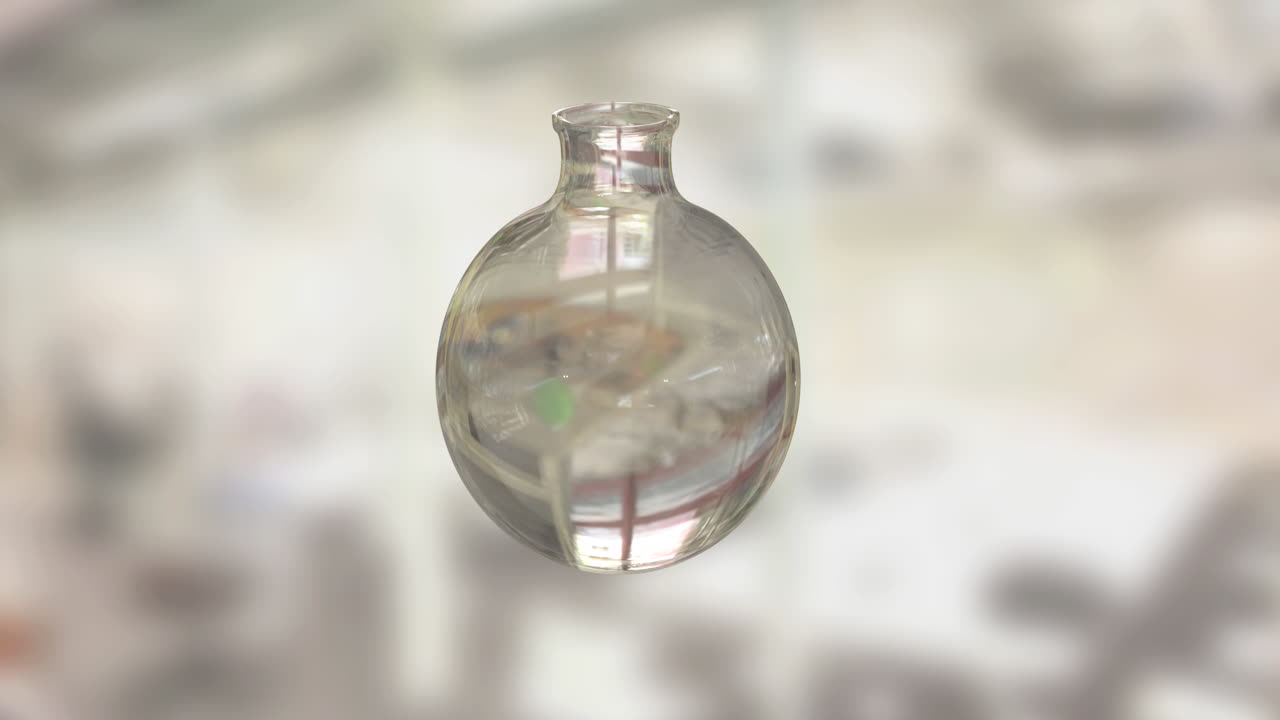 animación de una botella de vidrio que gira sobre el fondo del laboratorio