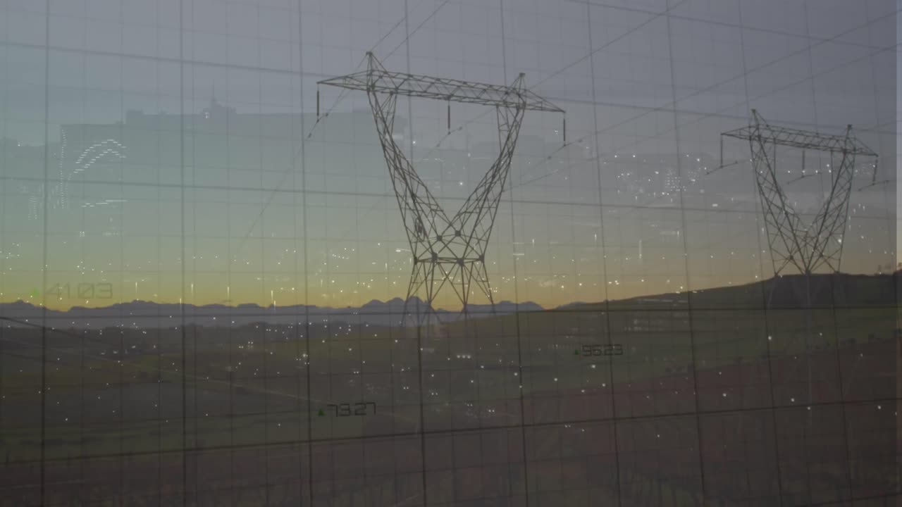 Animation of data processing and square over landscape with electricity pylon