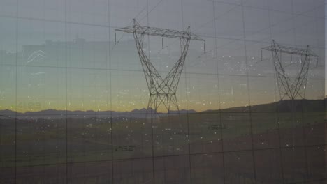 Animation-of-data-processing-and-square-over-landscape-with-electricity-pylon