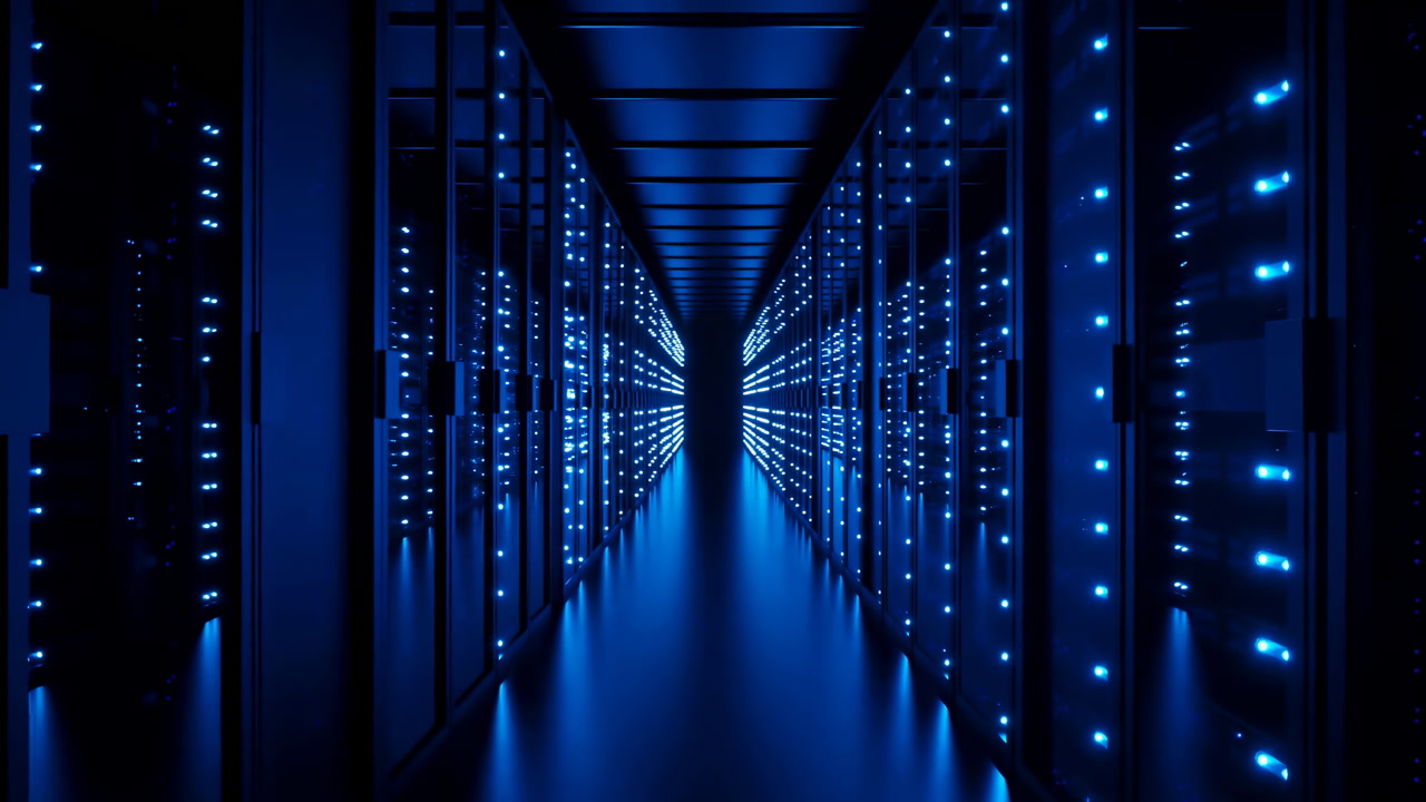 Blue Server Room Corridor Illuminated With Rows Of Rack Cabinets And Blinking Led Indicators, Cool Ambient
