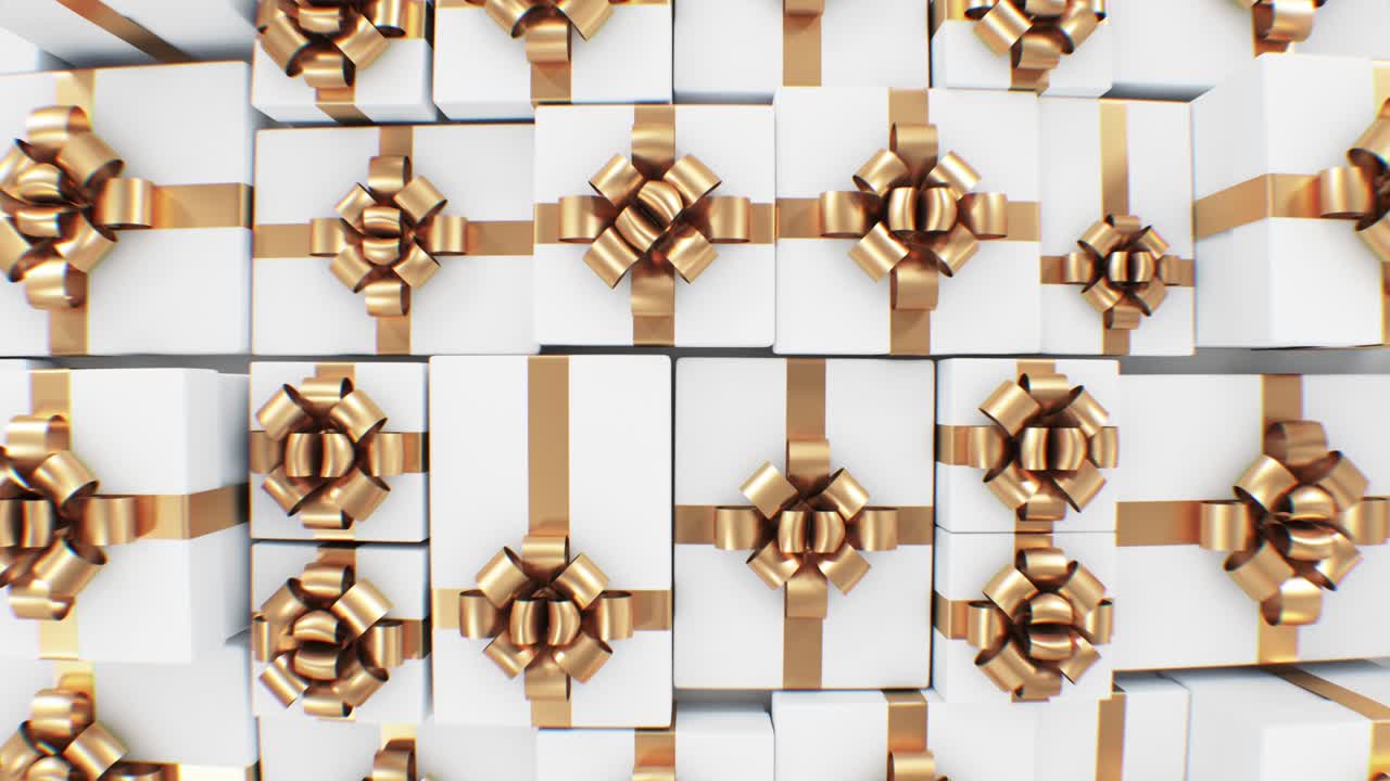 선물 상자의 끝없는 줄을 이동. 두 가지 옵션: 황금 리본, 활과 색상 상자, 리본, 아우와 함께  카드보드 상자. 아름다운 선물의 루프 3d 애니메이션.