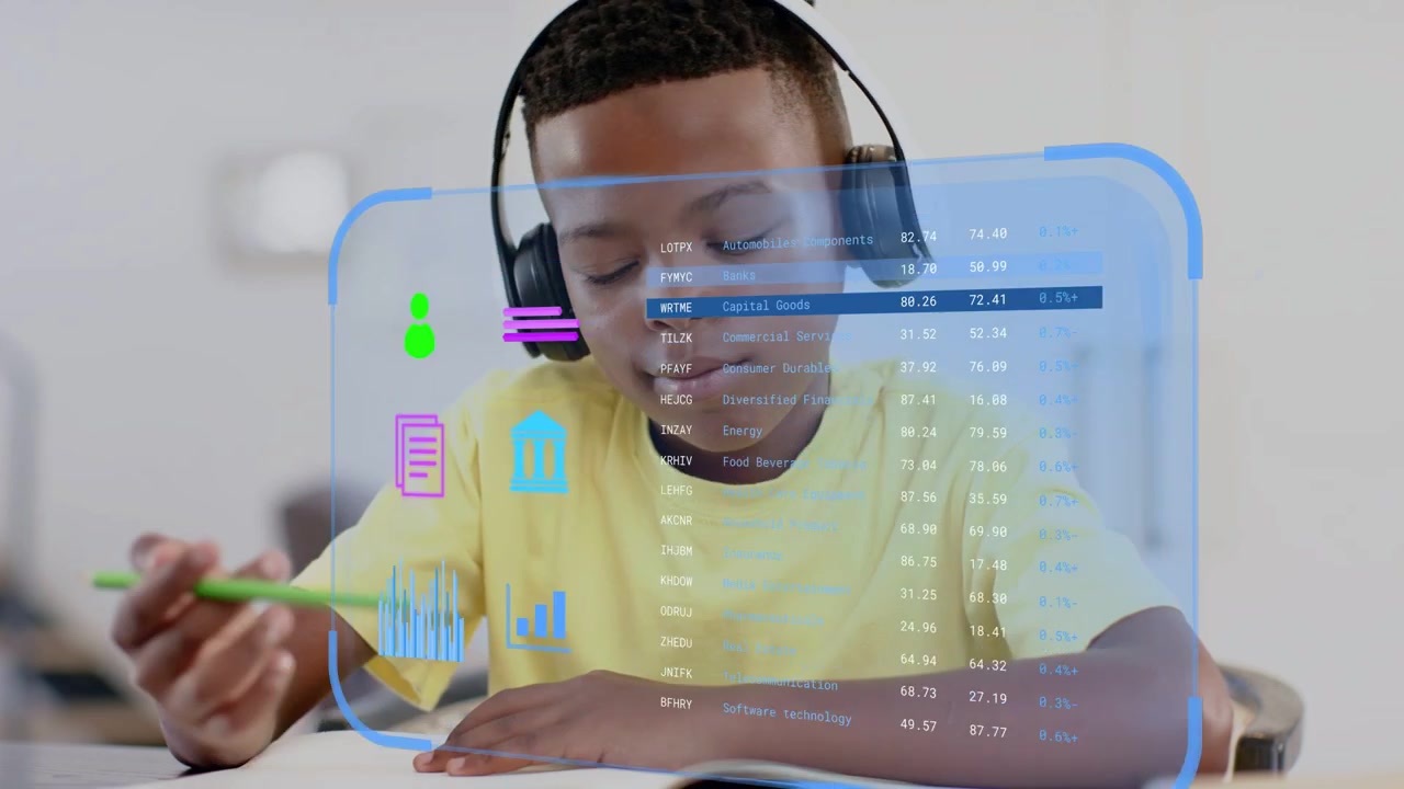 Boy studying at desk, looking down and writing, headphones playing while AR charts and HUD emerging