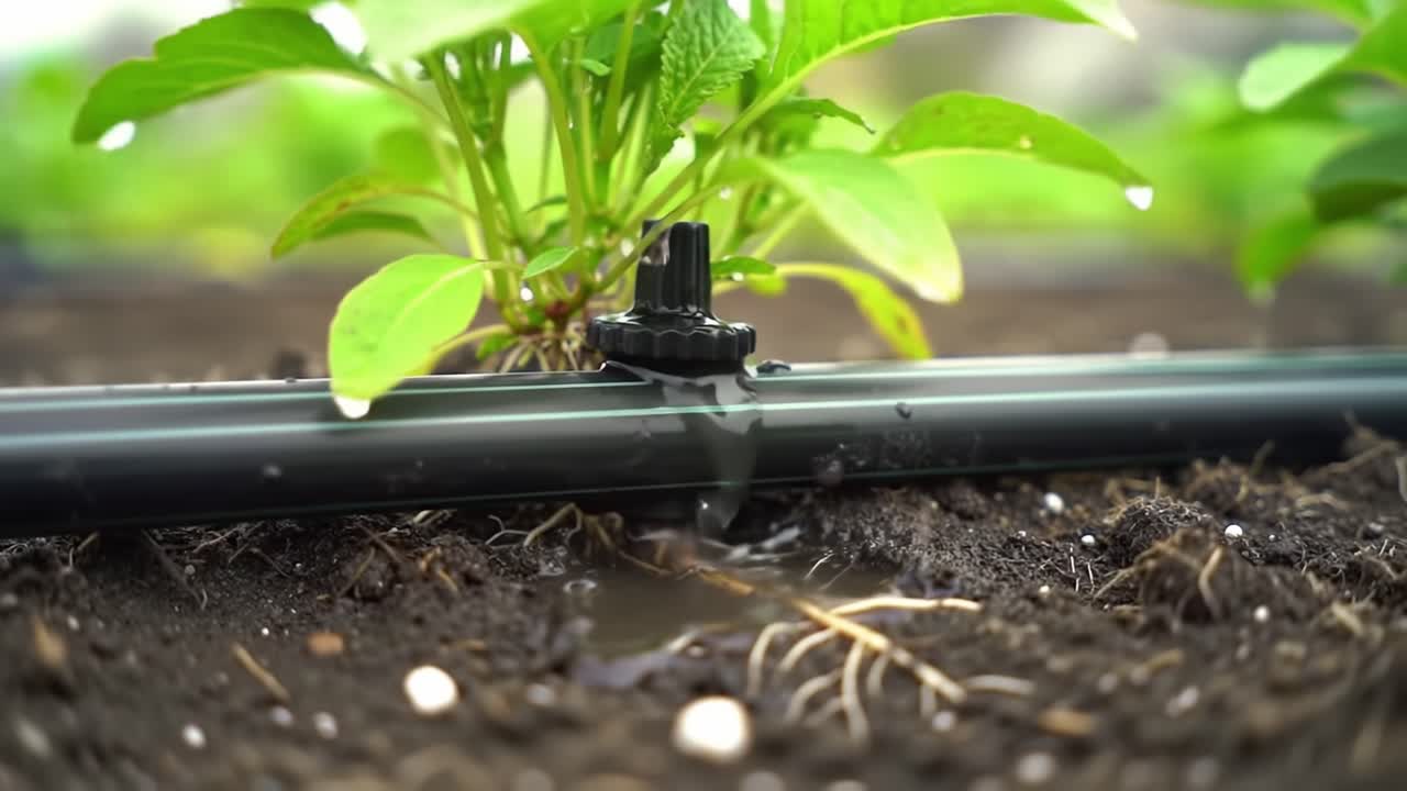 Close-Up of Drip Irrigation System Nourishing Plants: An Essential Technique for Efficient Watering in Sustainable Agriculture Practices