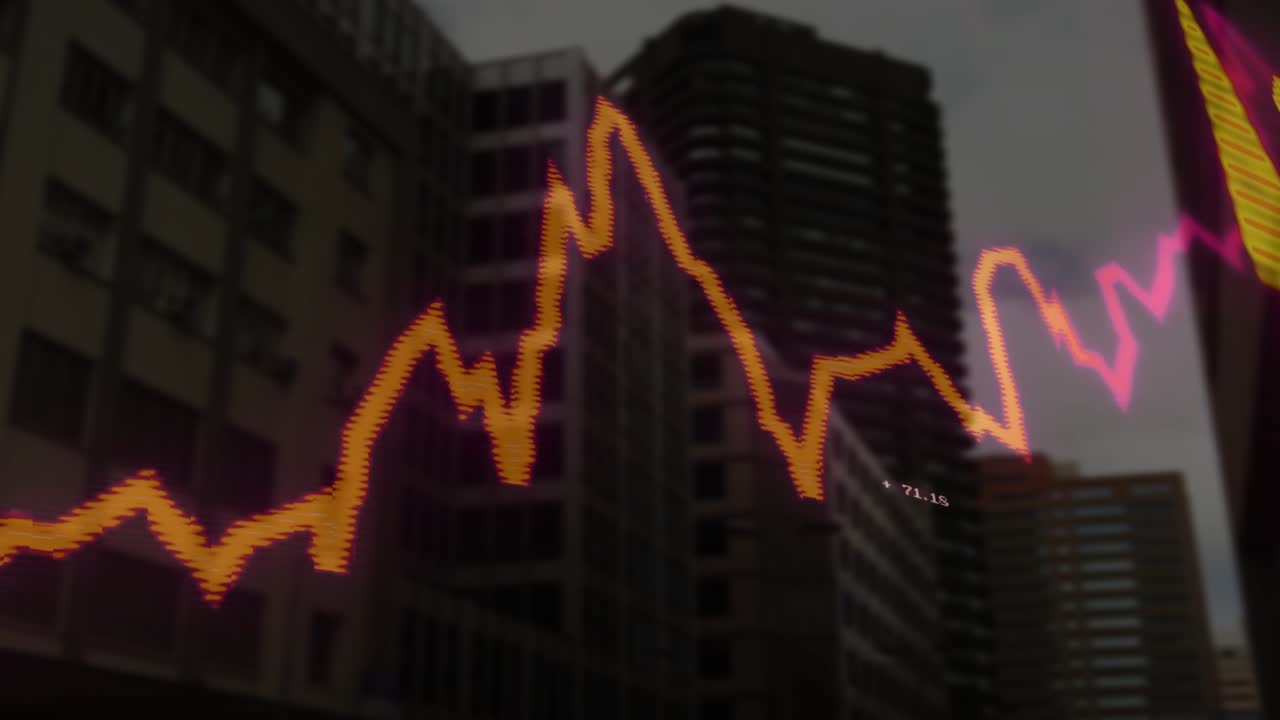 On play, graph appearing over towers, orange line pulsing, yellow column rising, showing trends