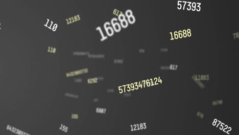 digital animation of multiple changing numbers moving and floating against grey background