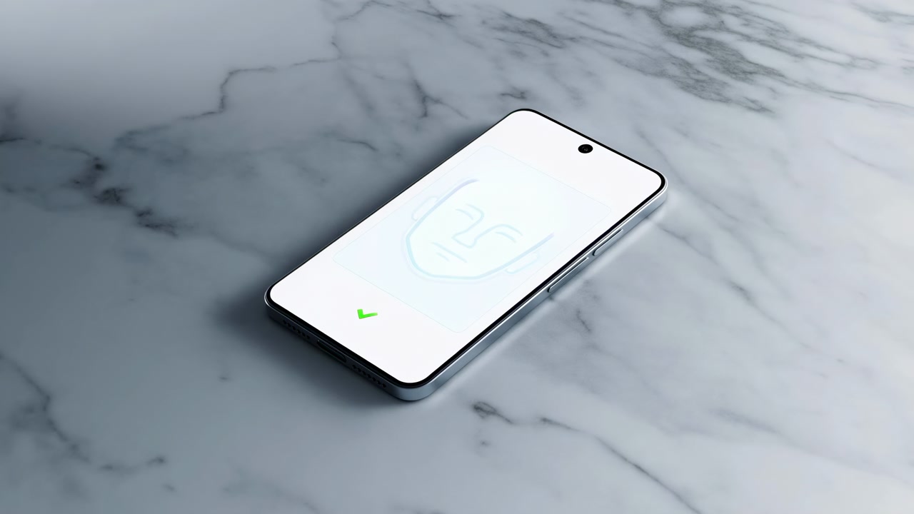 Sequenza cronologica intermedia-finale che raffigura uno smartphone posizionato inclinato su un ripiano in marmo grigio freddo, in primo piano leggermente a destra.
