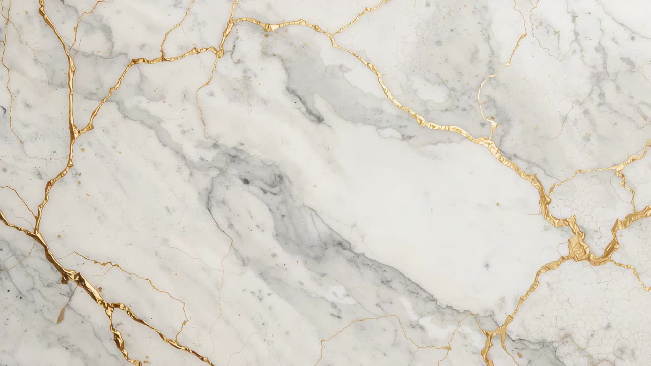 Camera che effettua una panoramica dall'inquadratura ed esegue lo zoom, mostrando il marmo bianco con venature grigio-oro per l'esposizione sul set