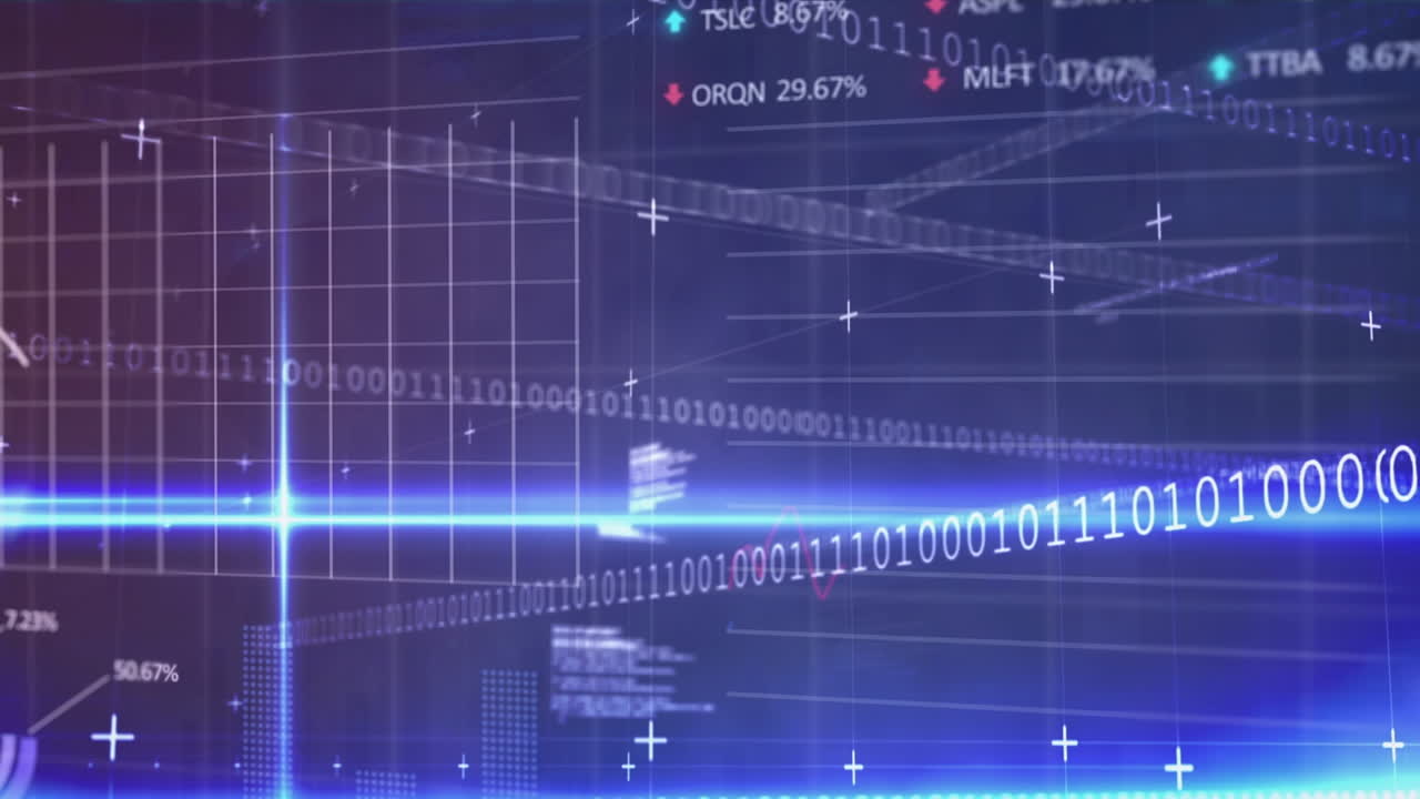 Animation of financial data processing over arrows on black background
