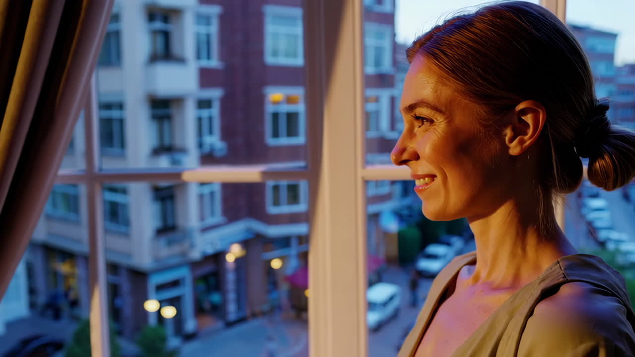 A woman looks out a window at the city at dusk