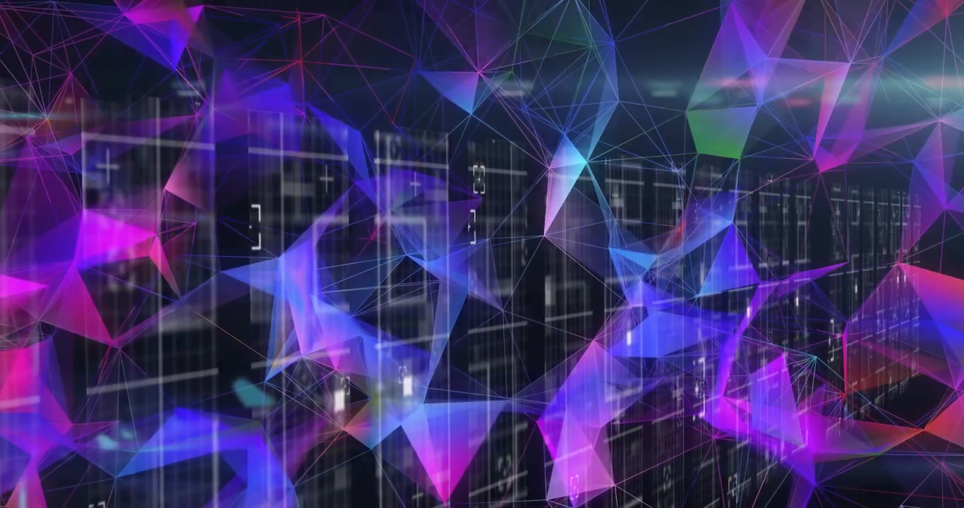 On startup purple triangular nodes morphing across grid, pulsing and recombining data network mesh