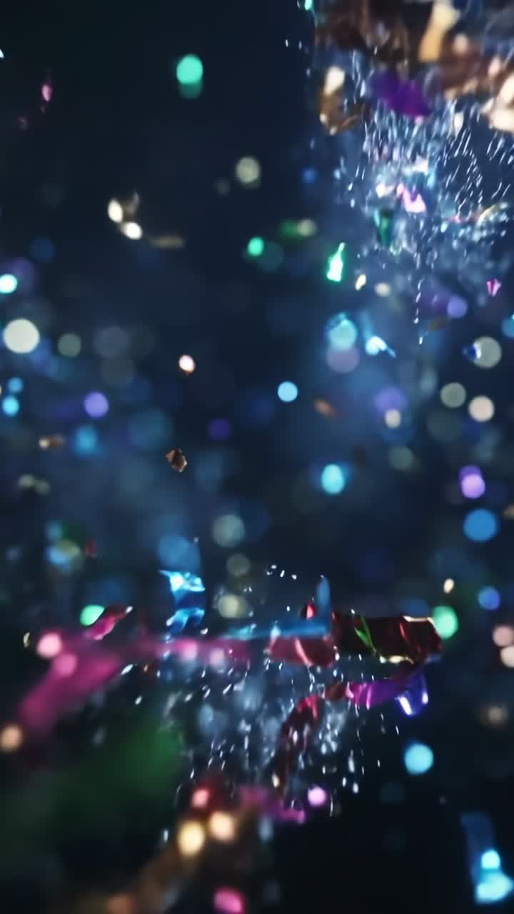 Video verticale: Nuvola di coriandoli metallici multicolore che scoppia e si sposta su sfondo blu scuro, con paillettes