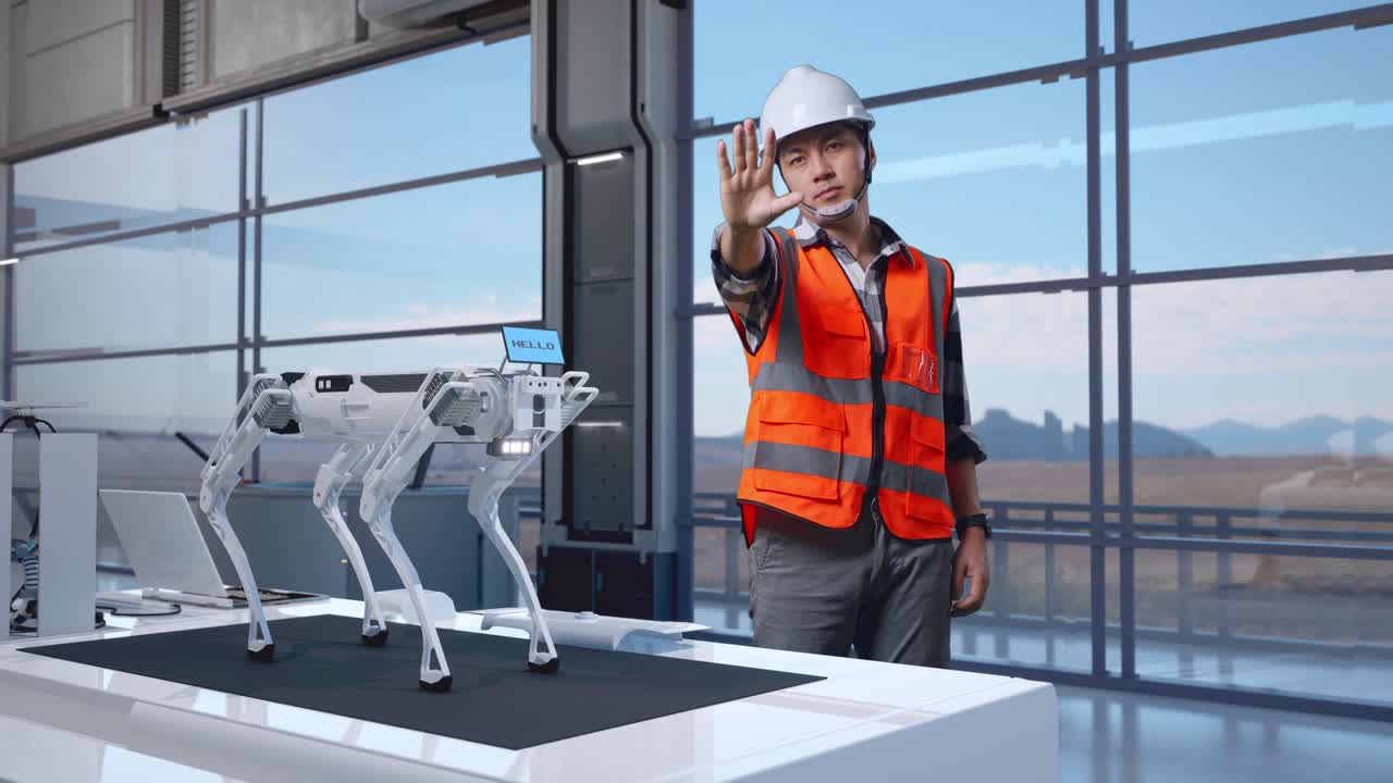 cuerpo lleno de ingeniero masculino asiático con casco de seguridad desaprobando sin señal de mano mientras estaba de pie en una fábrica de alta tecnología, analizando el concepto de máquina robótica