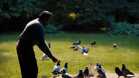 man feeding pigeons in a park