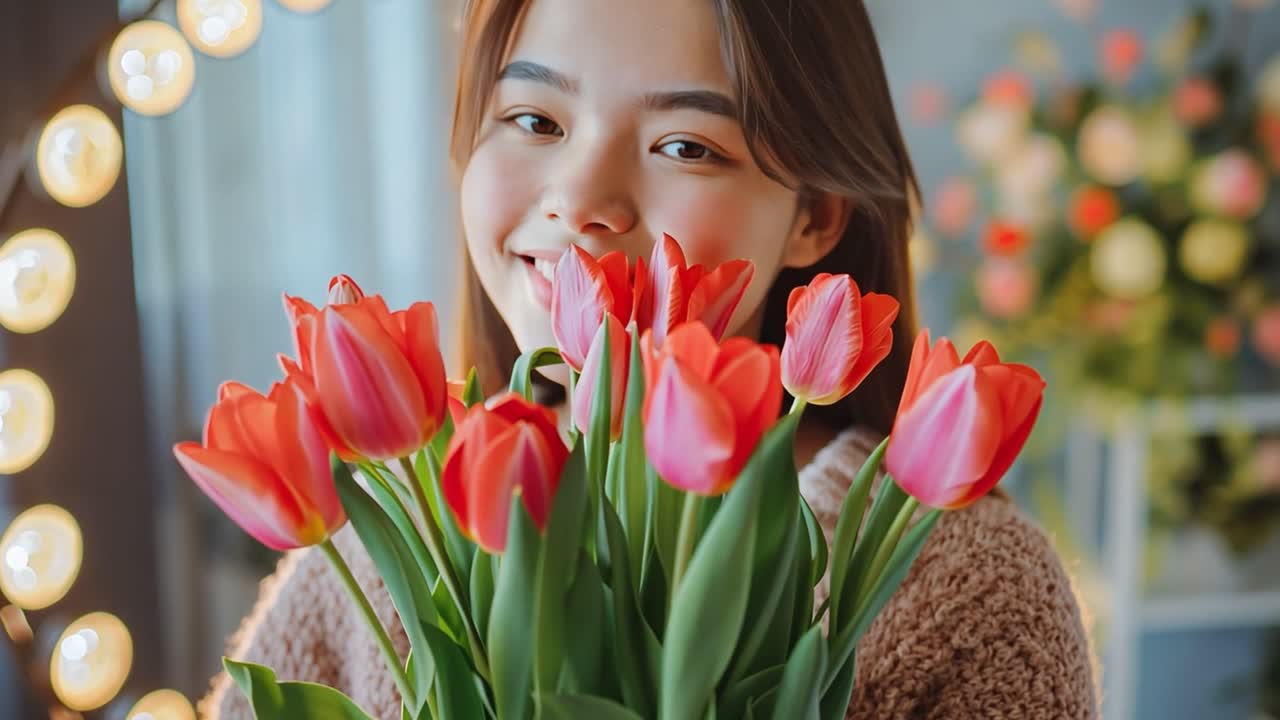 Young Woman Smiling with a Bouquet of Red Tulips