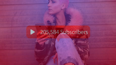 animation of increasing subscribers on a speech bubble over biracial woman using a smartphone