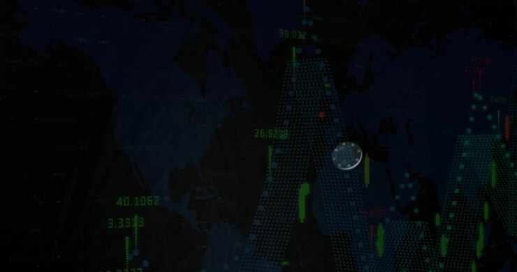 Contorno del Sud America che pulsa su un'interfaccia, mostrando un nodo verde luminoso e barre candlestick