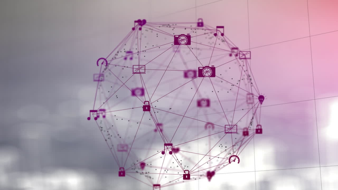 animación de un globo de iconos digitales girando contra un fondo de gradiente púrpura