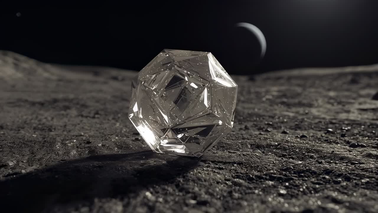 Cristallo sfaccettato inclinato che stimola la rotazione e si posa su una pianura rocciosa, riflettendo un pianeta a forma di mezzaluna