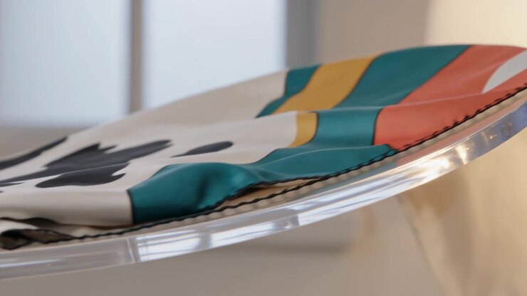 Panning camera showing spotted cushion details, teal mustard coral bands, stitching on rim in room