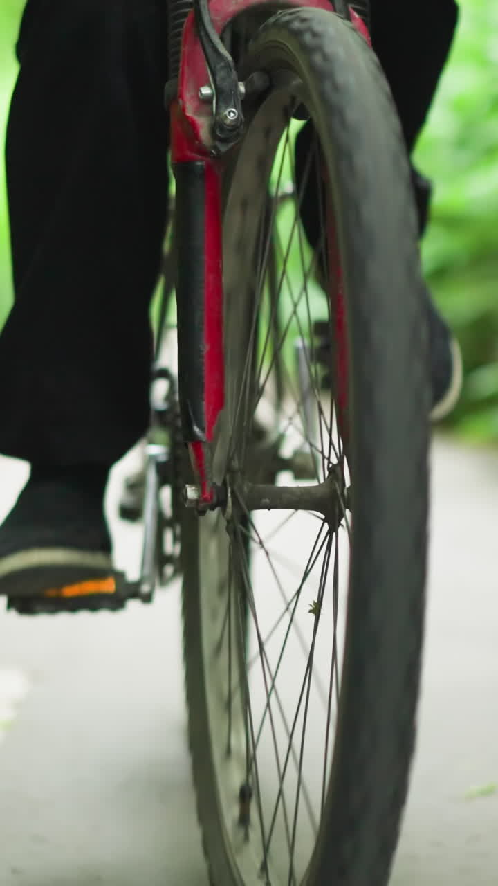 vista de cerca de la pierna de un niño joven montando su bicicleta a lo largo de un sendero pavimentado escénico con marcas blancas, rodeado de exuberante vegetación a ambos lados con un suave efecto bokeh visto mientras pasa de cerca