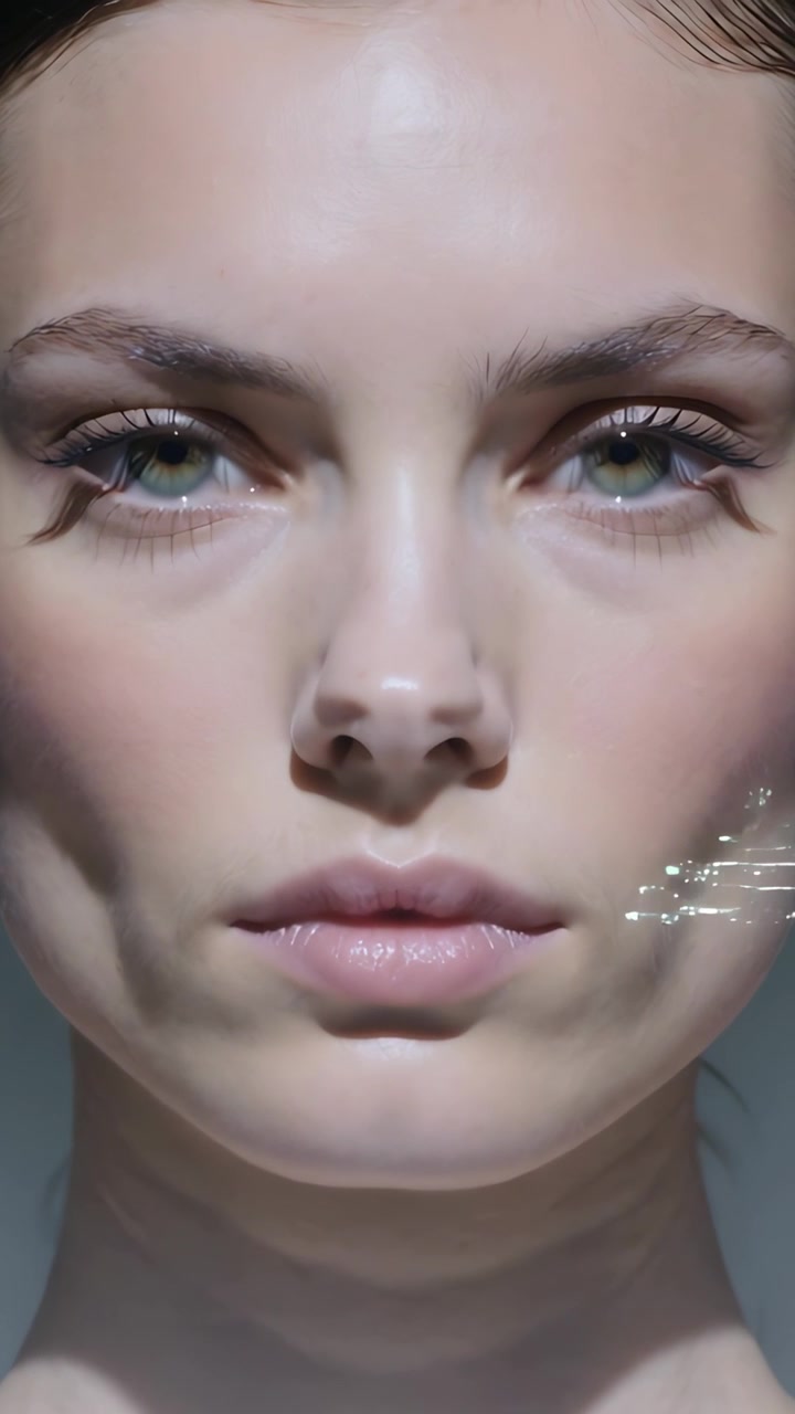 Video verticale: Modella che sbatte le palpebre rivelando piccole macchie sulle guance tramite la luce in studio, mostrando il trucco