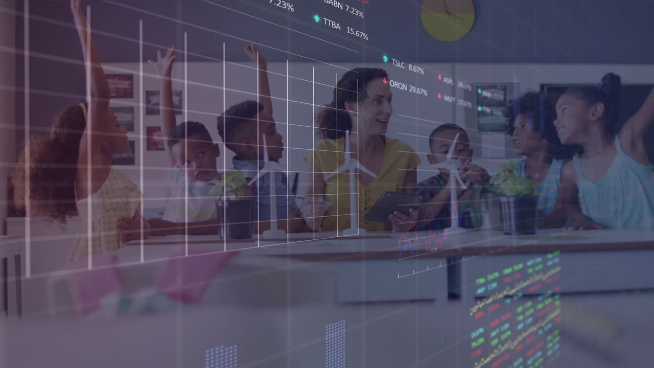 Animation of data processing over diverse schoolchildren and teacher