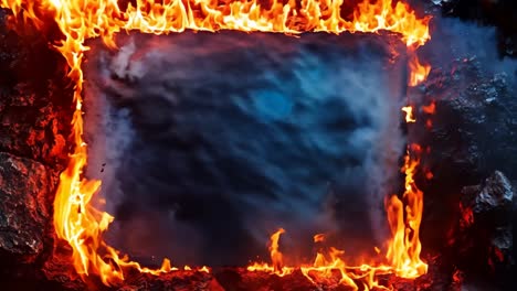 a picture frame in the middle of a fire with flames