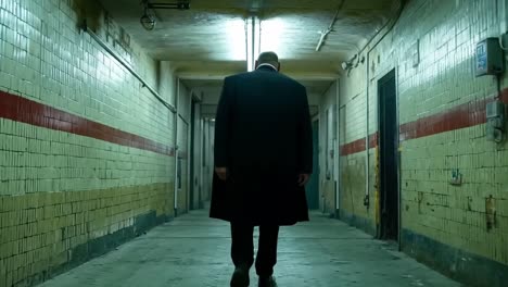 a man in a black coat walking down a long hallway