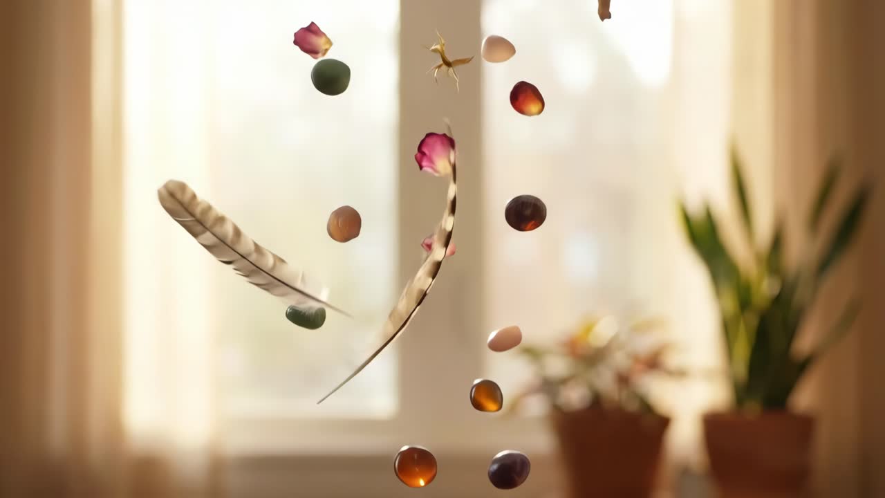 Piume, petali di rosa e pietre che fluttuano dolcemente al rallentatore