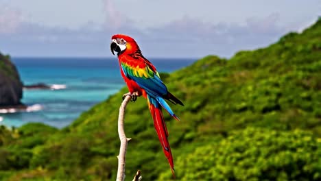 vibrant macaw perched on a branch overlooking a tropical ocean landscape