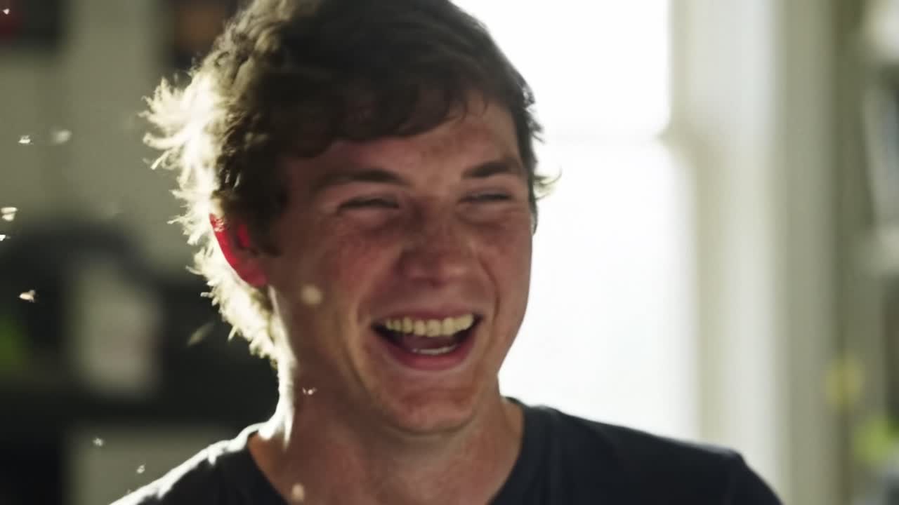 Young man enjoying a moment of laughter in a bright indoor setting with soft lighting