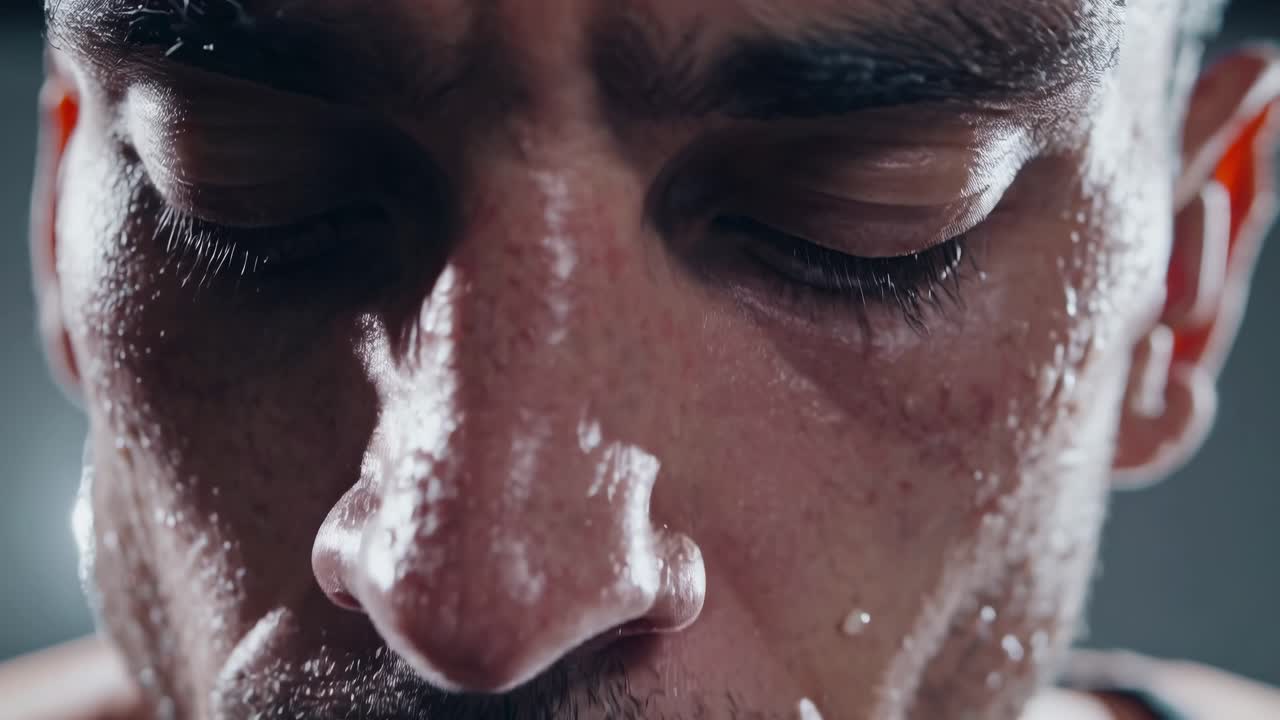 Close-up sequence of a focused athlete's face, showcasing determination and intensity, with sweat glistening under bright lights, capturing the essence of hard work