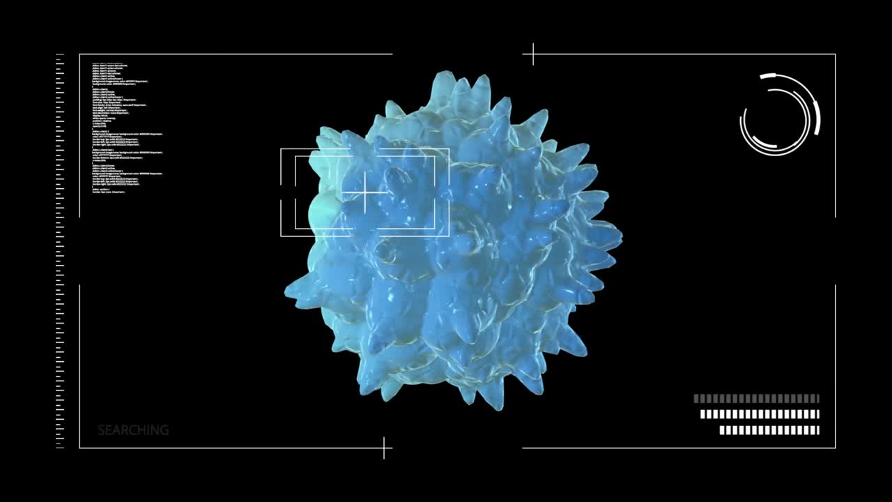 바이러스 탐색: 검은 바탕에 회전하는 모델과 그 주변의 현대적인 인터페이스, 컴퓨터 생성 구형 객체, 3d 렌더링, 알파 채널