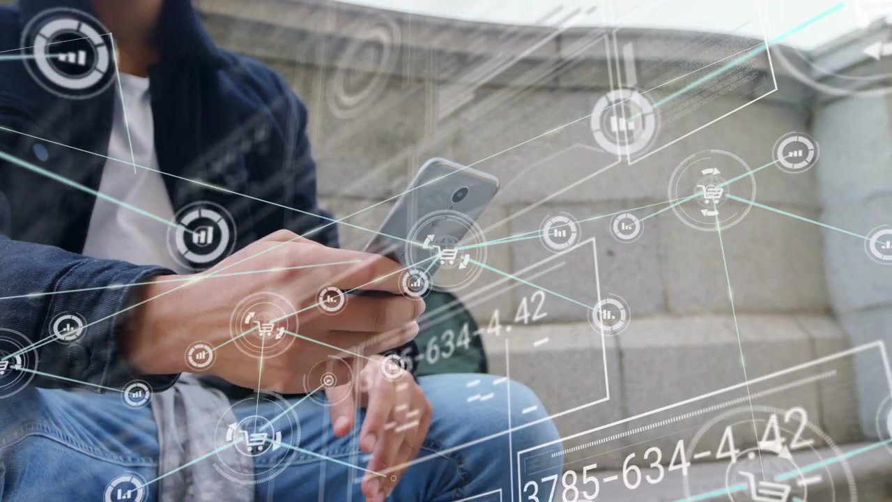 Video verticale: un uomo tocca il telefono sui gradini, facendo sì che nodi di negozi e carrelli riempiano la visuale per controllare le vendite.