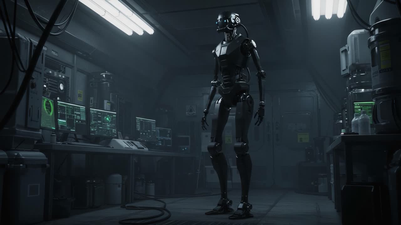 A futuristic robotic figure stands in a dimly lit laboratory, surrounded by advanced technology and computer screens displaying complex data, showcasing the synergy of robotics and innovation