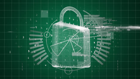 padlock with moving data and graphic elements on a green background