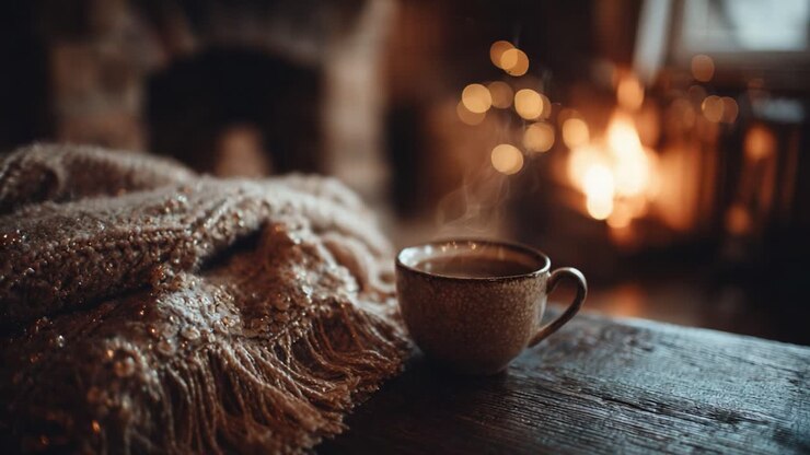 En koselig scene med en varm kopp te eller kaffe ved siden av en knitrende peis med blinkende lys, som fanger essensen av komfort og avslapning