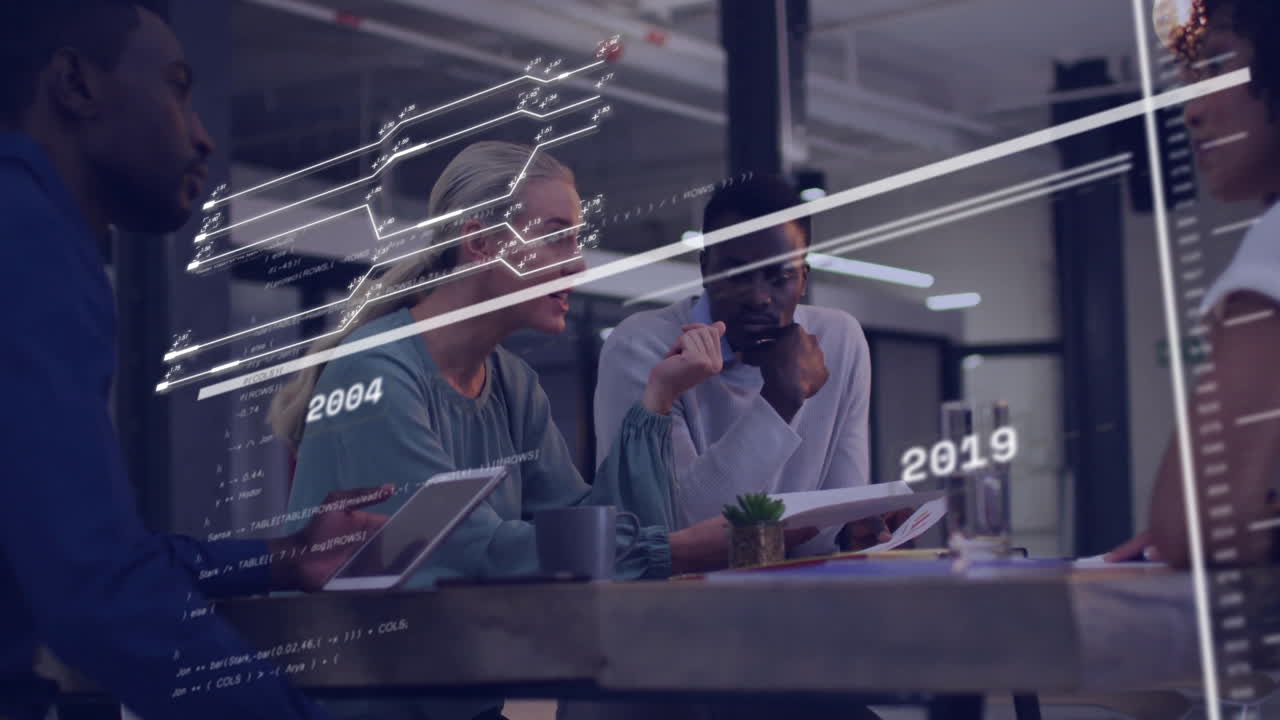 Animation of data processing over diverse business people talking