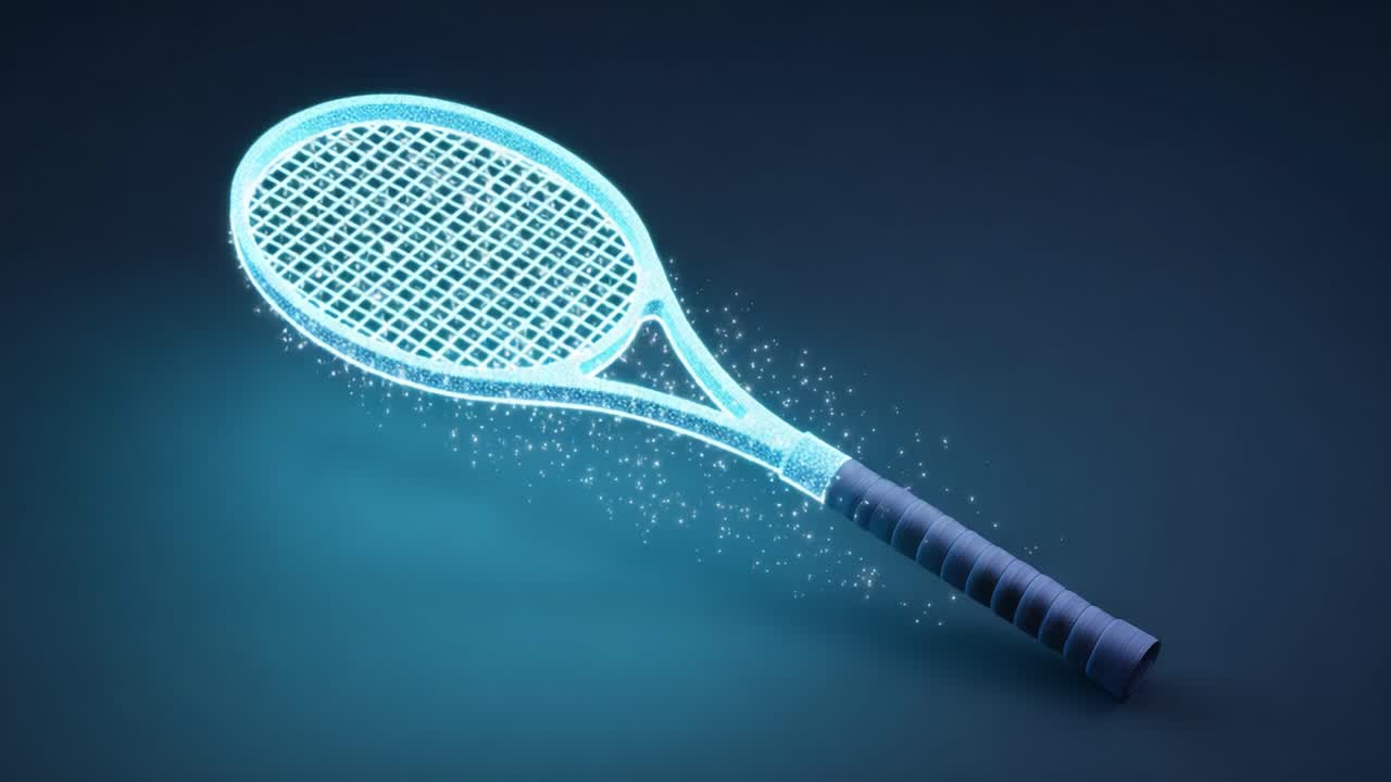 A stunning visual representation of a glowing tennis racket, showcasing its intricate design and shimmering details, perfect for highlighting the beauty of sports equipment and innovation