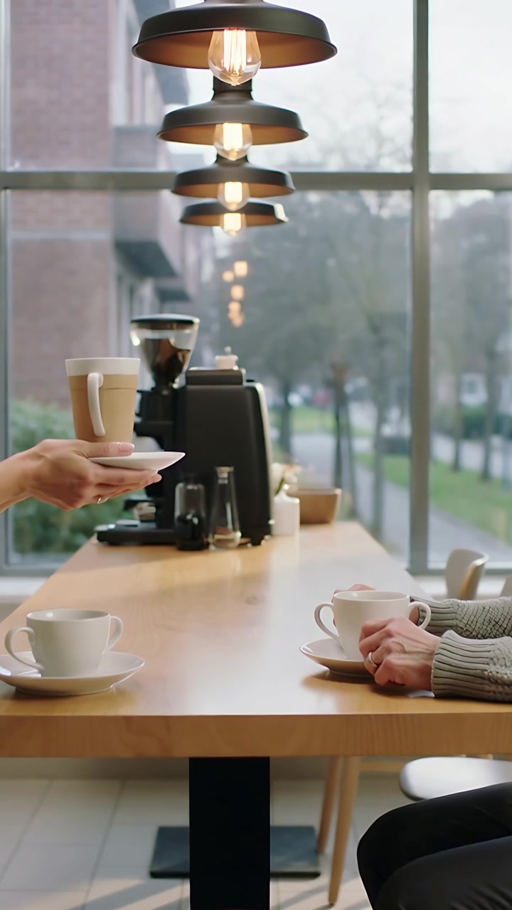Video verticale: Cameriere che appare a sinistra con un grembiule, serve un latte macchiato al bancone di legno vicino alla finestra per un cliente