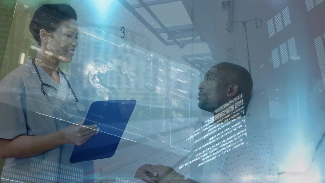 Data processing over caucasian female health worker talking to african american male patient