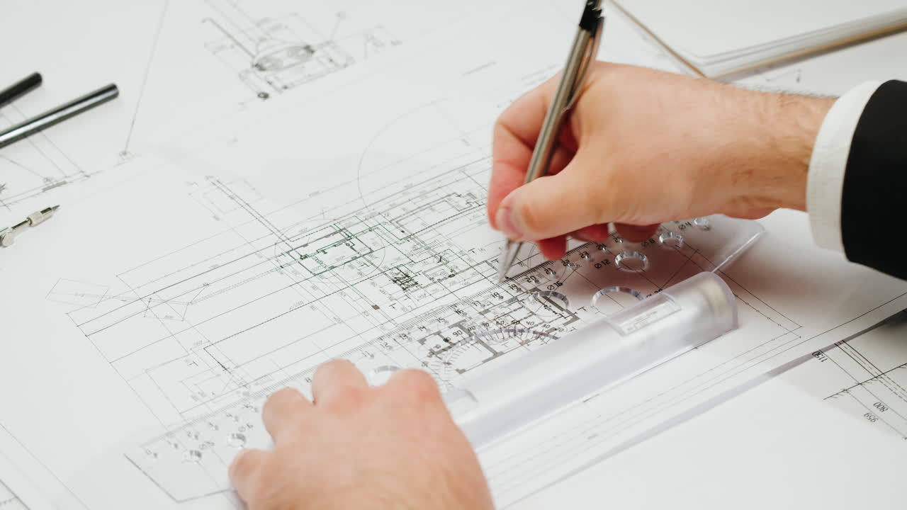 Architect or Engineer Working on Blueprints with Ruler and Pen