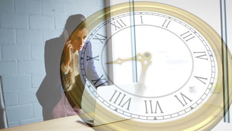 animation of moving clock over caucasian businesswoman talking on smartphone