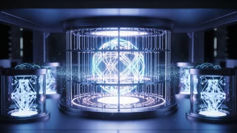 a stunning visualization of a futuristic energy sphere encapsulated in a high-tech chamber with radiant glows and intricate details enhancing its captivating presence