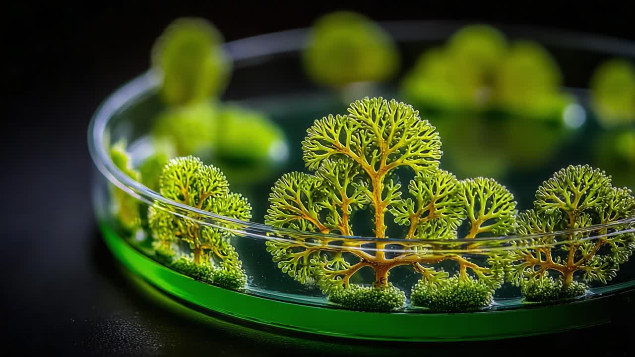 Innovative Microbotanical Artistry: Captivating Green Trees Cultivated in a Petri Dish Showcase the Stunning Details of Nature's Miniature Ecosystem